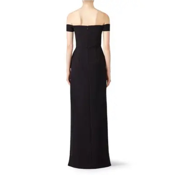 JS COLLECTION Black Off Shoulder Split Cascade Gown Size 6. Classic Glamour. - Picture 3 of 17